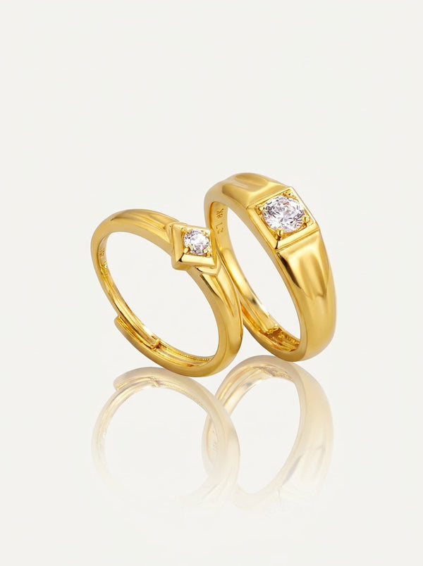 Gold-Tone Cubic Zirconia Couple Ring Set Front View — Solisita