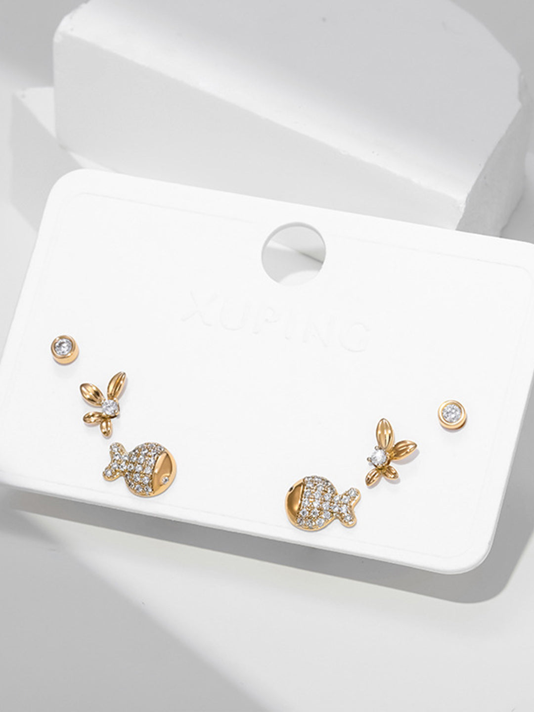 Gold Fish & Floral Stud Earring Set Gold-Tone Styled — Solisita