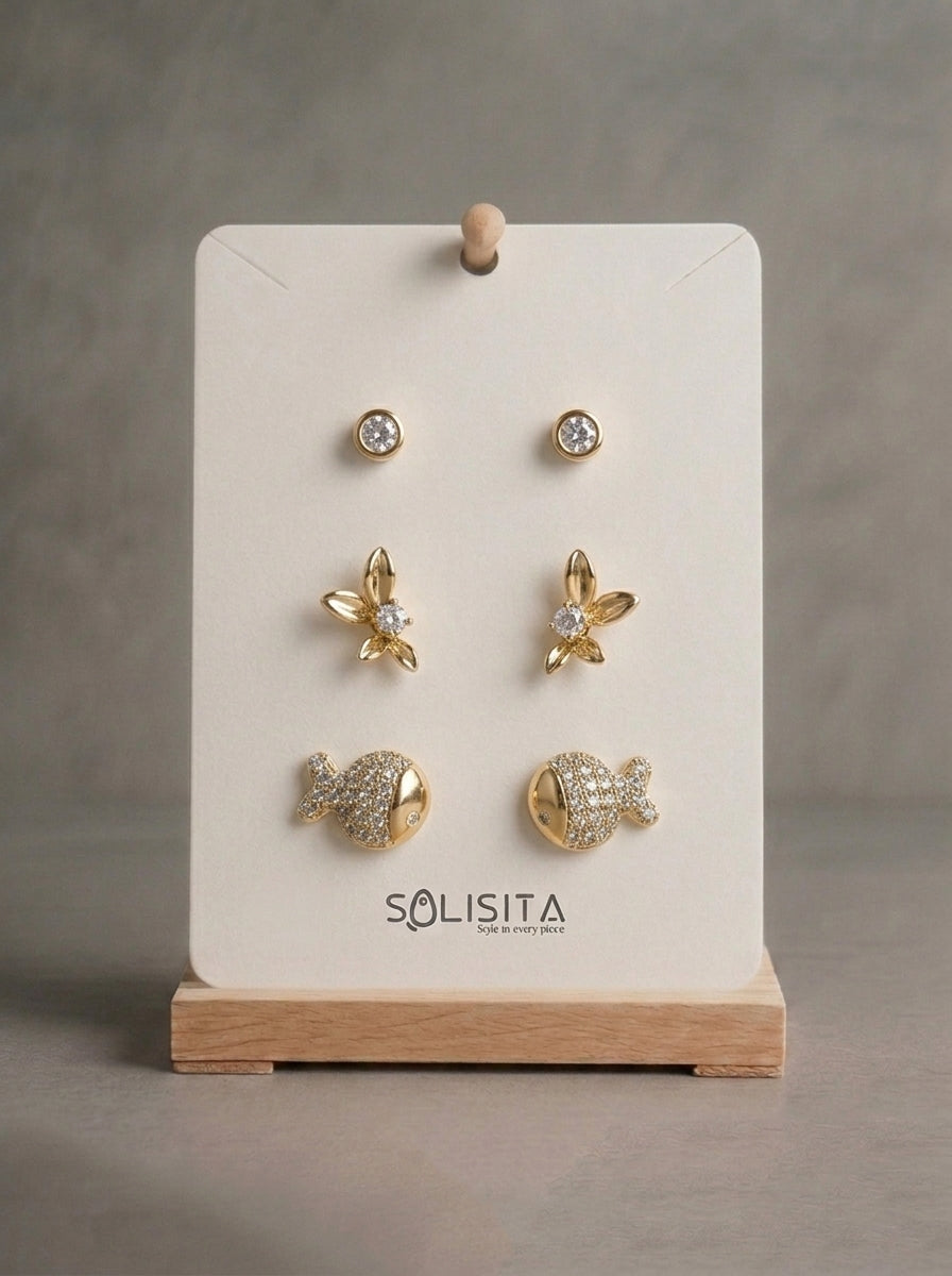 Gold Fish & Floral Stud Earring Set Gold-Tone On-Ear Detail — Solisita