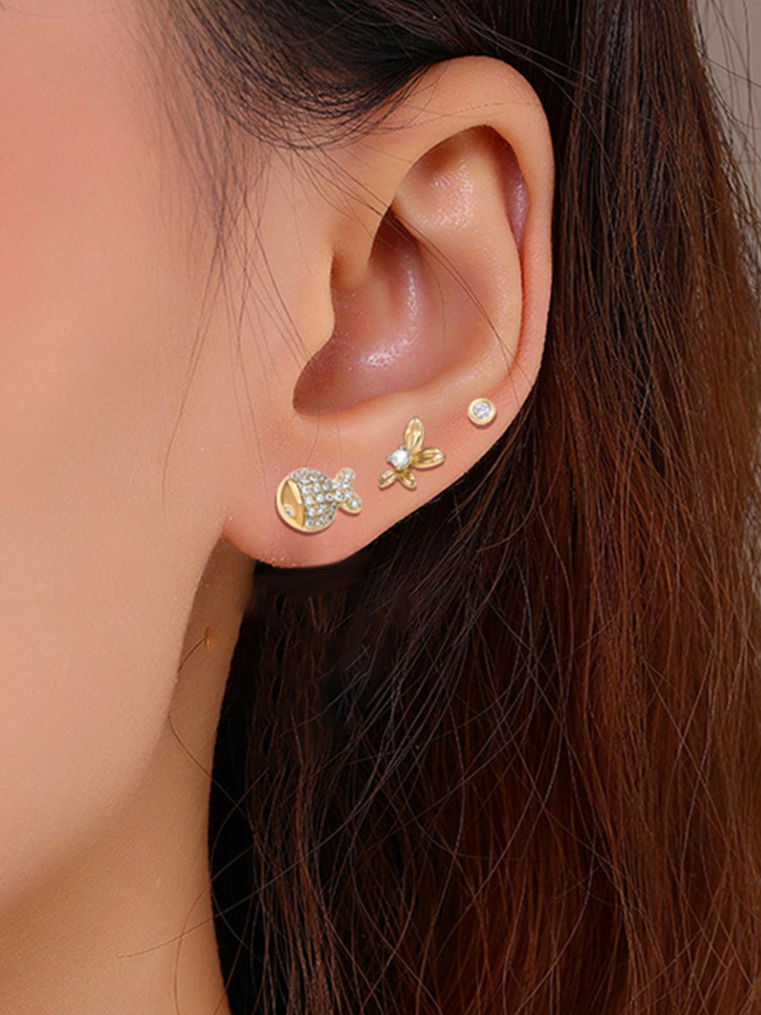 Gold Fish & Floral Stud Earring Set Crystal Side View — Solisita