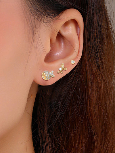 Gold Fish & Floral Stud Earring Set – Set of 3