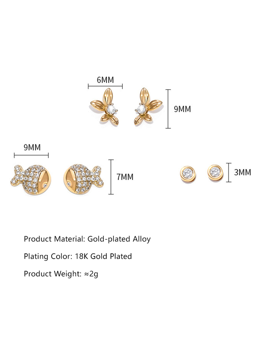 Gold Fish & Floral Stud Earring Set Crystal Flat-Lay — Solisita