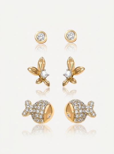 Gold Fish & Floral Stud Earring Set – Set of 3