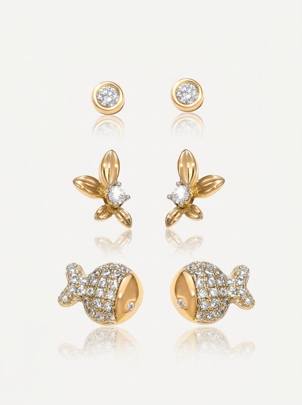 Gold Fish & Floral Stud Earring Set Gold-Tone Front View — Solisita