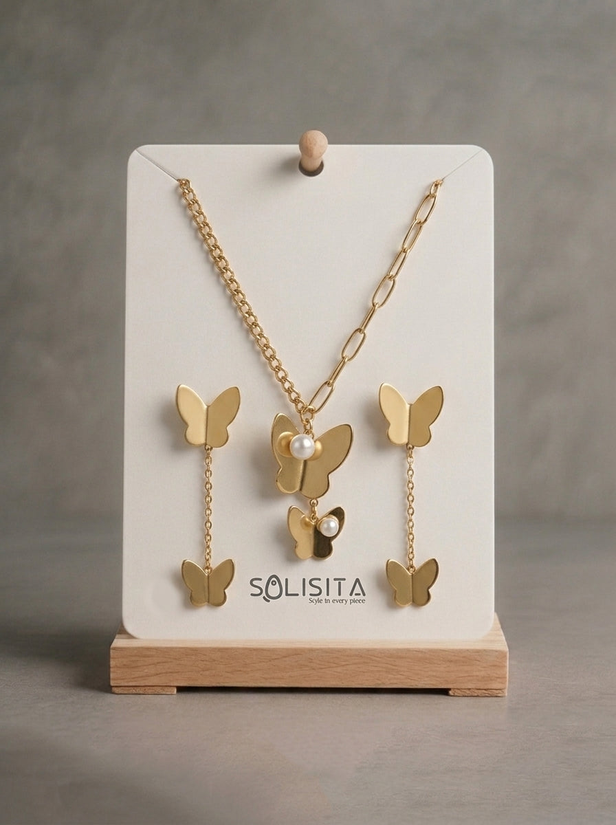 Matte Gold Butterfly & Pearl Asymmetrical Set Detail — Solisita