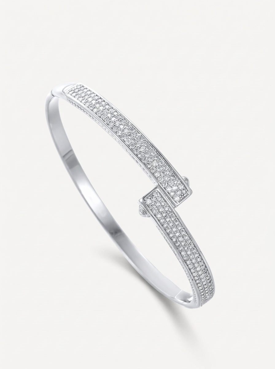 Pavé crystal bar hinged bangle silver front view — solisita