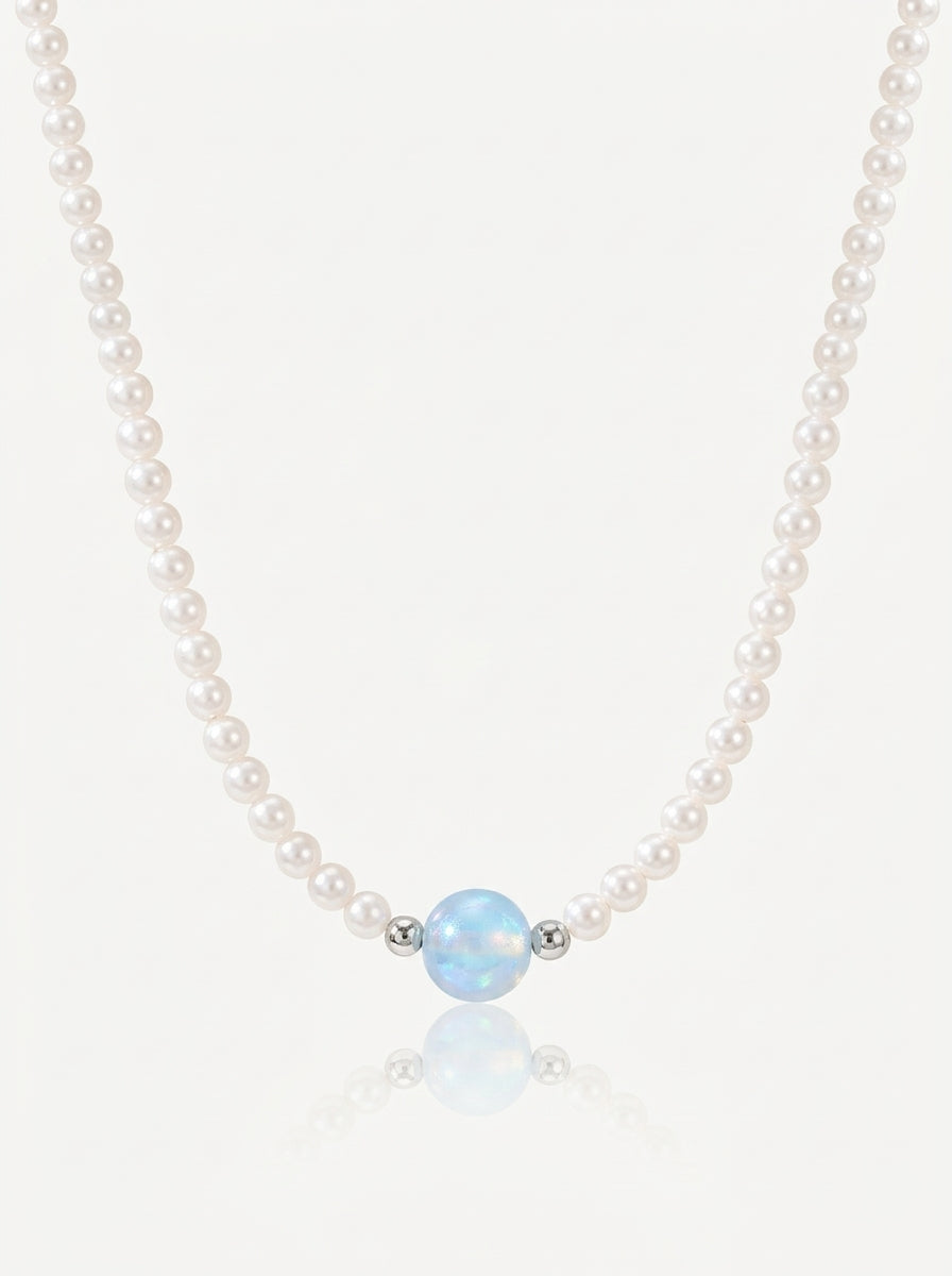 Pearl beaded necklace with coloured centre gold tone front view — solisita