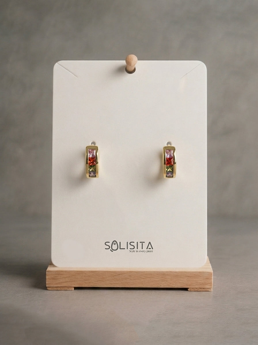 Rainbow Crystal Huggie Earrings Gold Close-Up Detail — Solisita