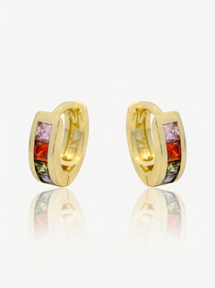 Rainbow crystal huggie earrings gold front view — solisita