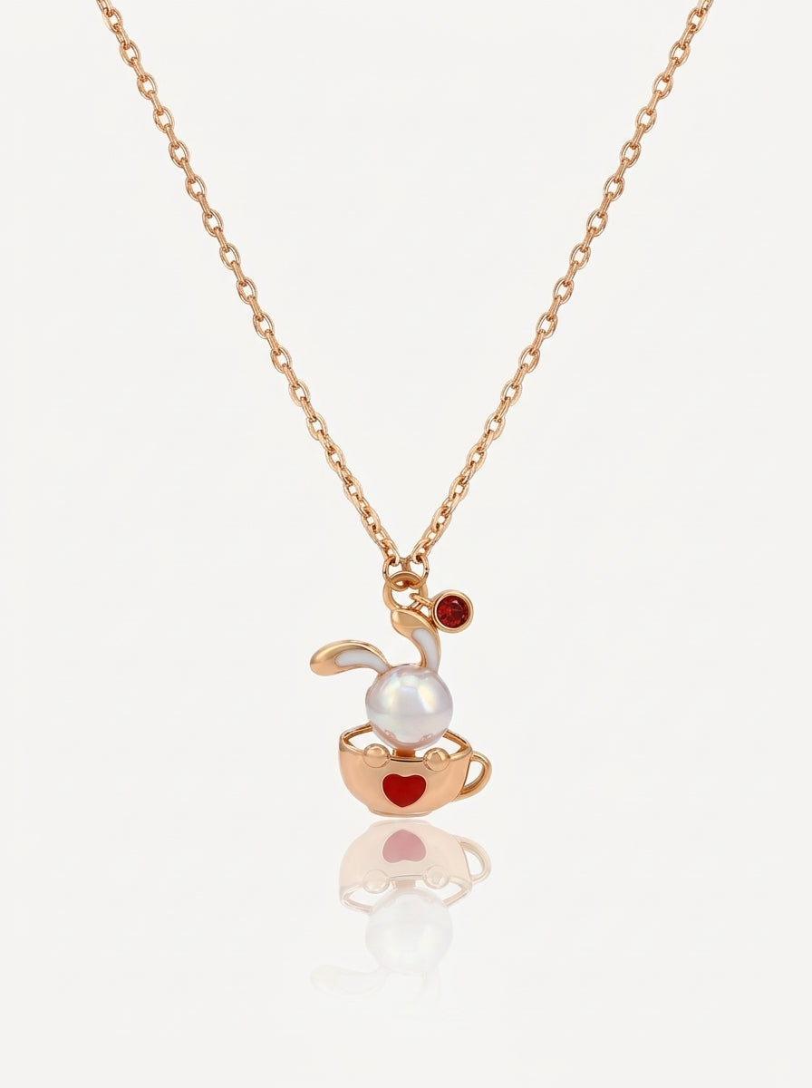 Rose gold bunny & pearl necklace gold tone front view — solisita