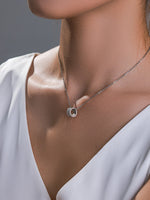 Load image into Gallery viewer, Pavé Crystal Circle Pendant Silver On-Model Shot — Solisita

