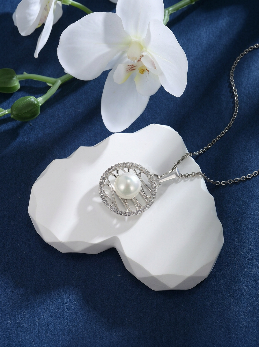 Silver Pearl Vortex Pendant White Angle View — Solisita