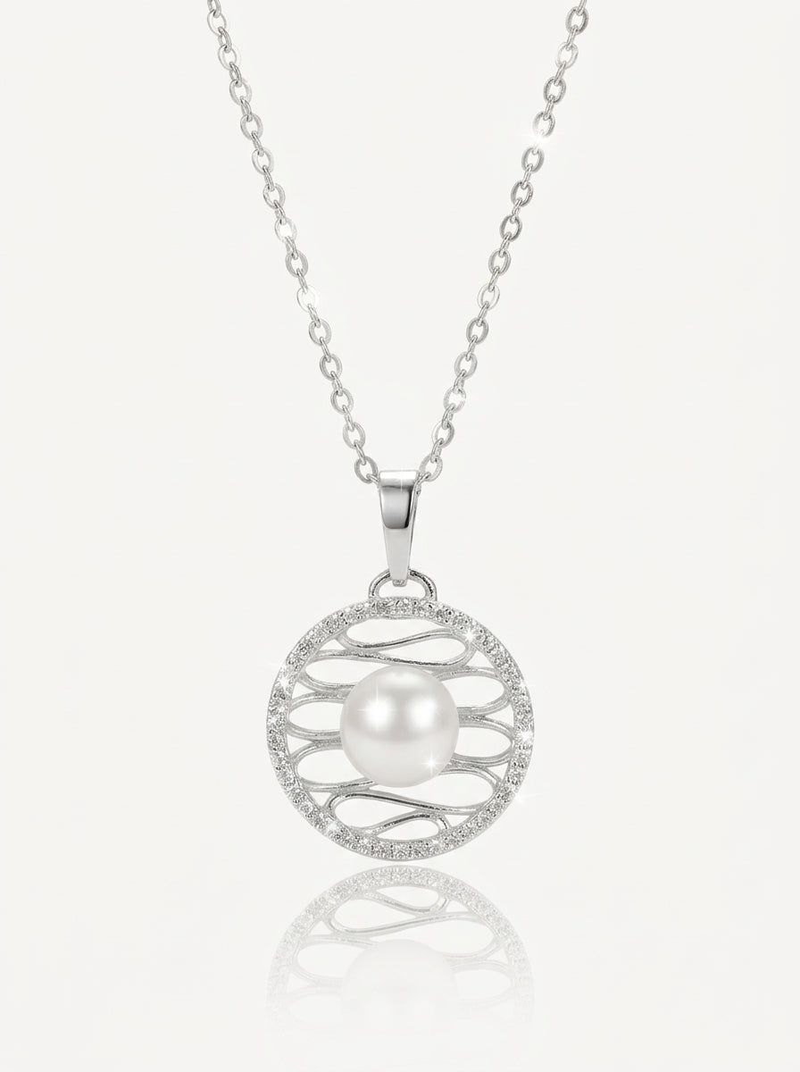 Silver pearl vortex pendant white front view — solisita