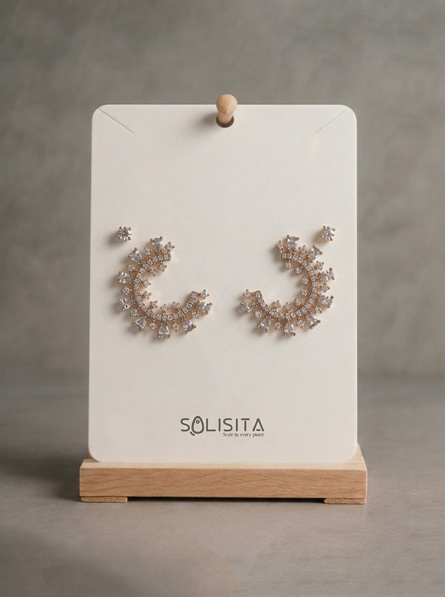 Sunburst Crystal C-Hoop Earrings Gold Flat-Lay Styled — Solisita