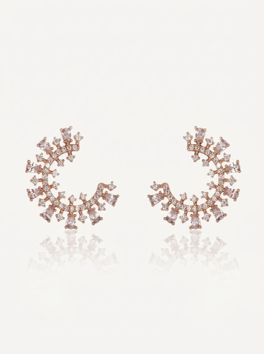 Sunburst crystal c hoop earrings gold front view — solisita
