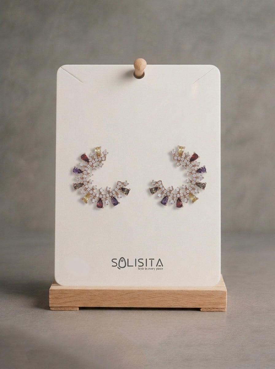 Sunburst Crystal C-Hoop Earrings Gold Product Only — Solisita