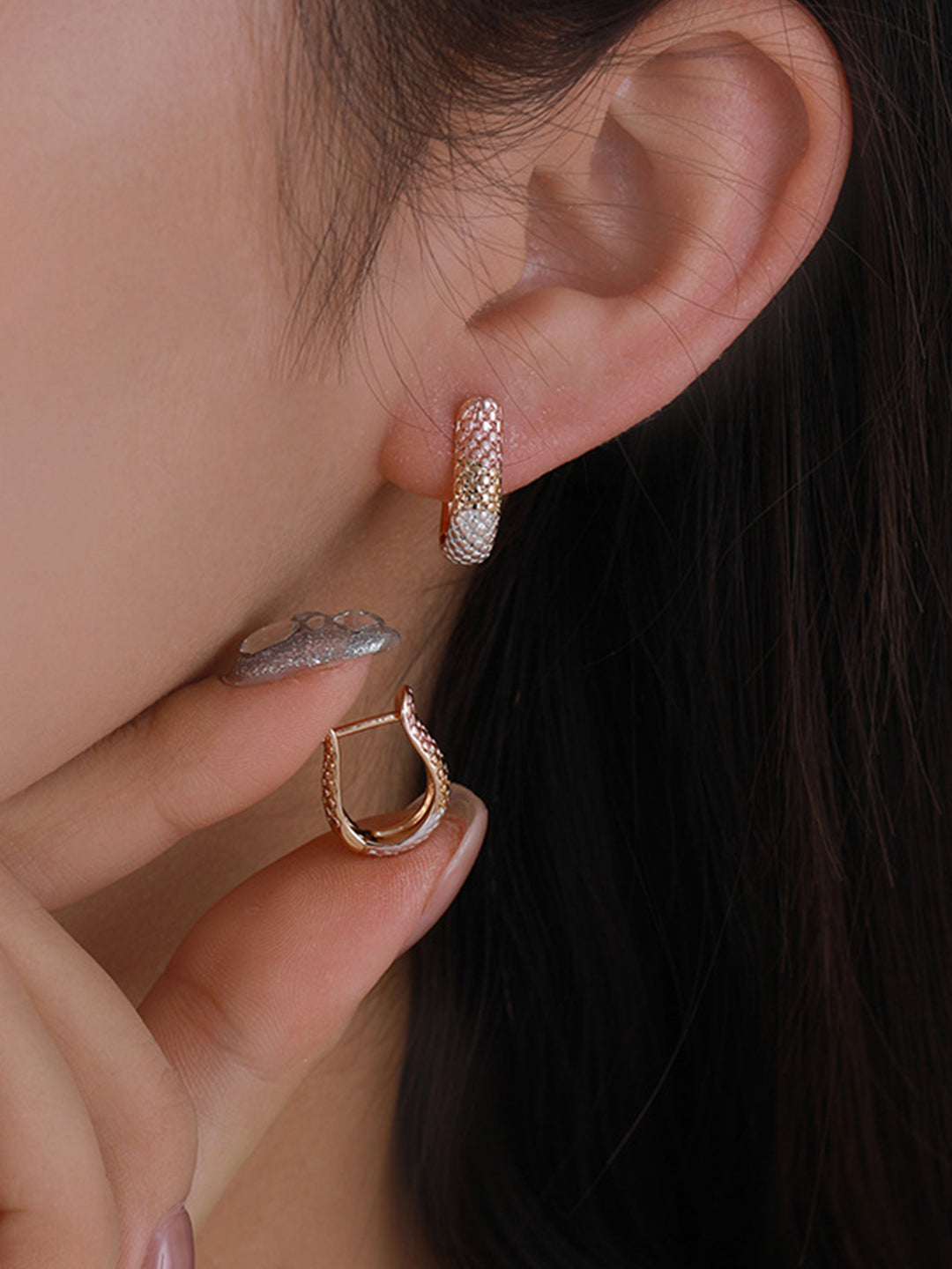 Tricolor Textured U-Hoop Earrings Copper Alloy Detail Close-Up — Solisita
