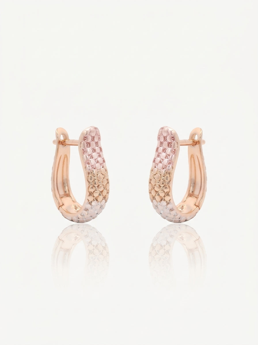 Tricolor textured u hoop earrings copper alloy front view — solisita