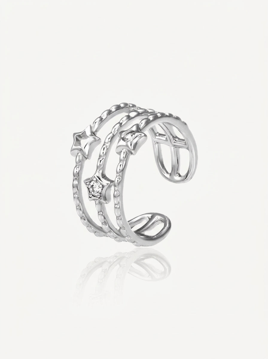 Triple star stacked ring silver front view — solisita