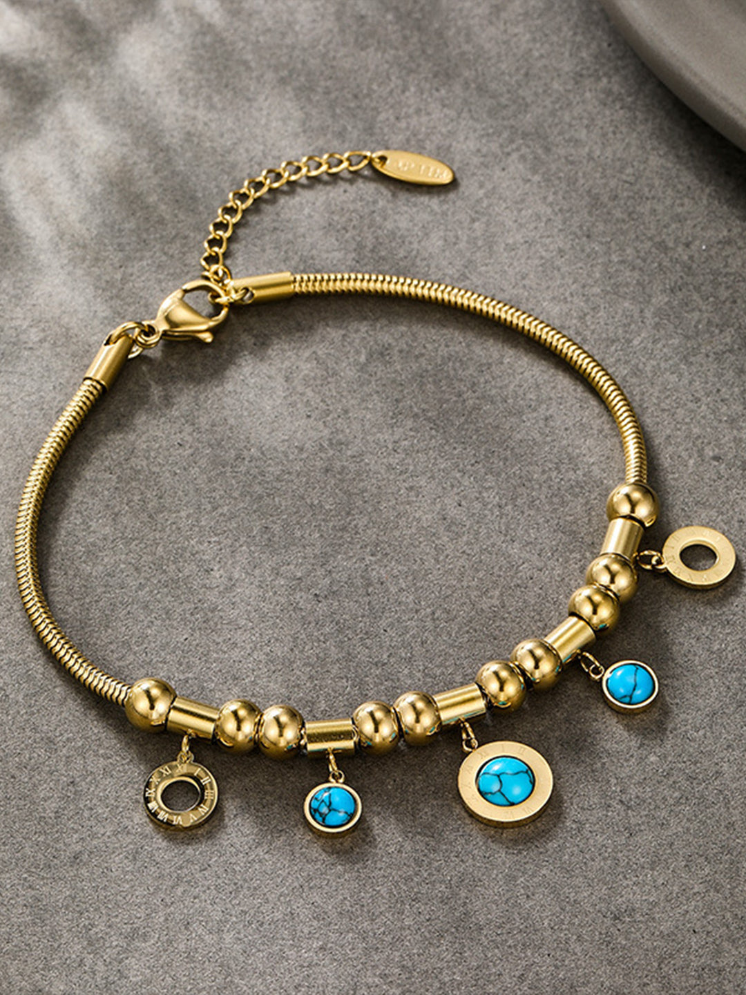 Turquoise & Roman Numeral Snake Chain Set Gold-Tone On-Hand Shot — Solisita
