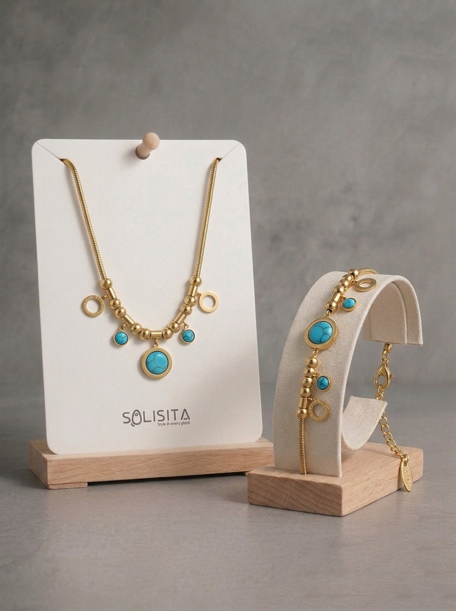 Turquoise & Roman Numeral Snake Chain Set Gold-Tone Close-Up Detail — Solisita