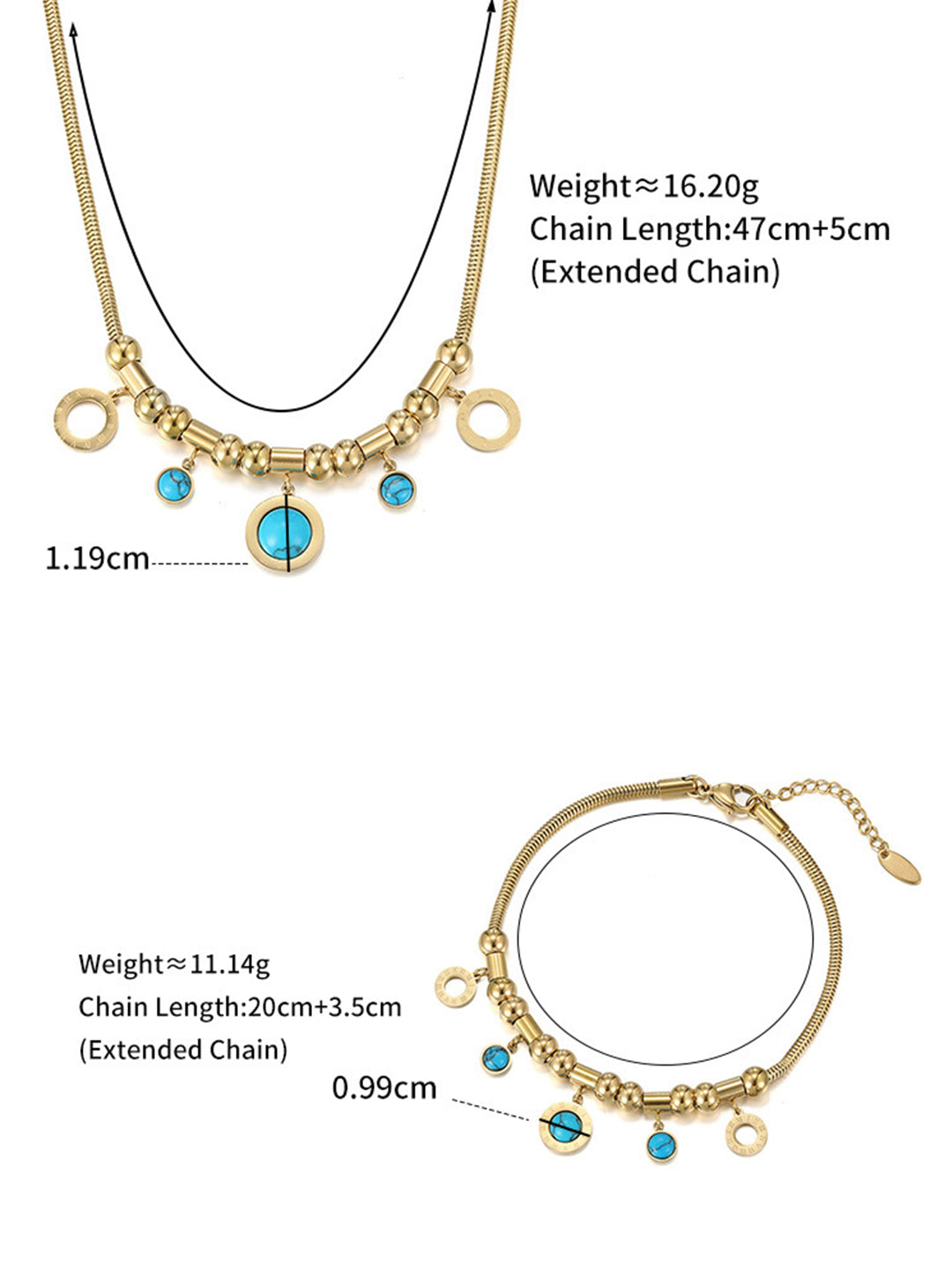 Turquoise & Roman Numeral Snake Chain Set Gold-Tone Flat-Lay Styled — Solisita