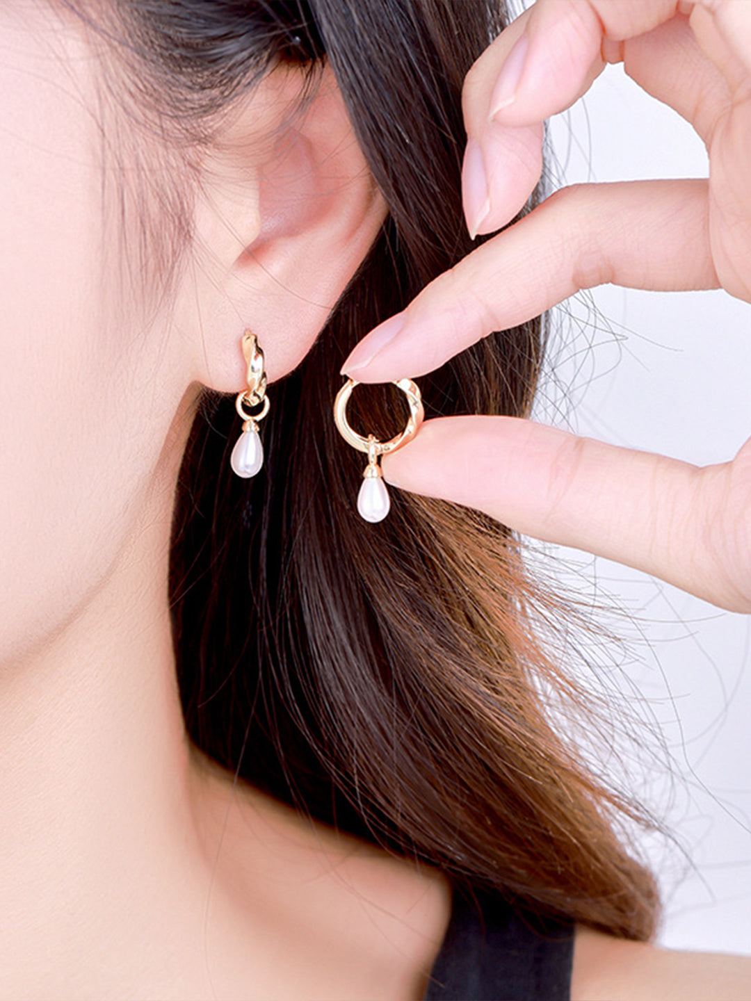 Twisted Pearl Drop Earrings Gold On-Ear Model — Solisita