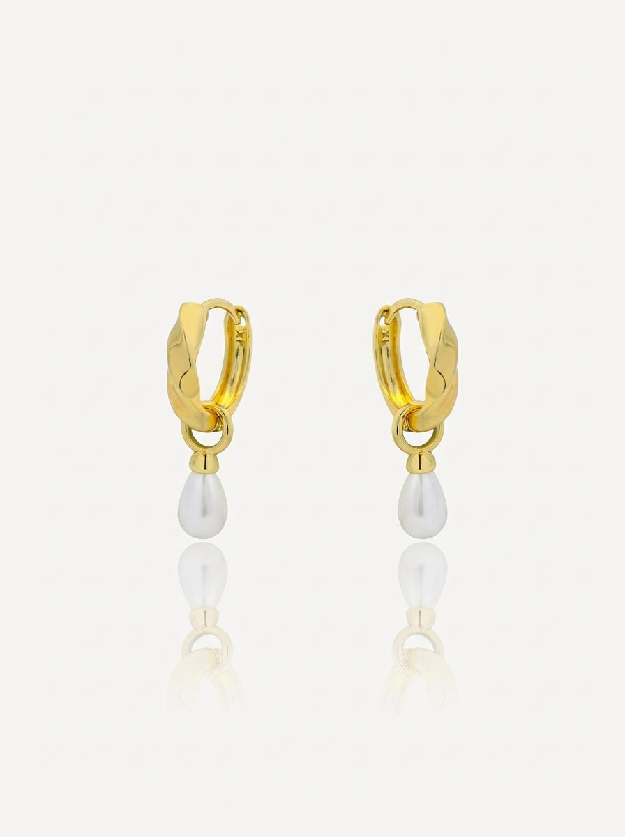 Twisted pearl drop earrings gold front view — solisita