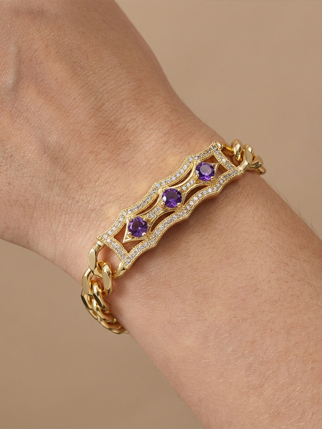 Vintage Amethyst Cuban Bracelet Gold On-Wrist — Solisita