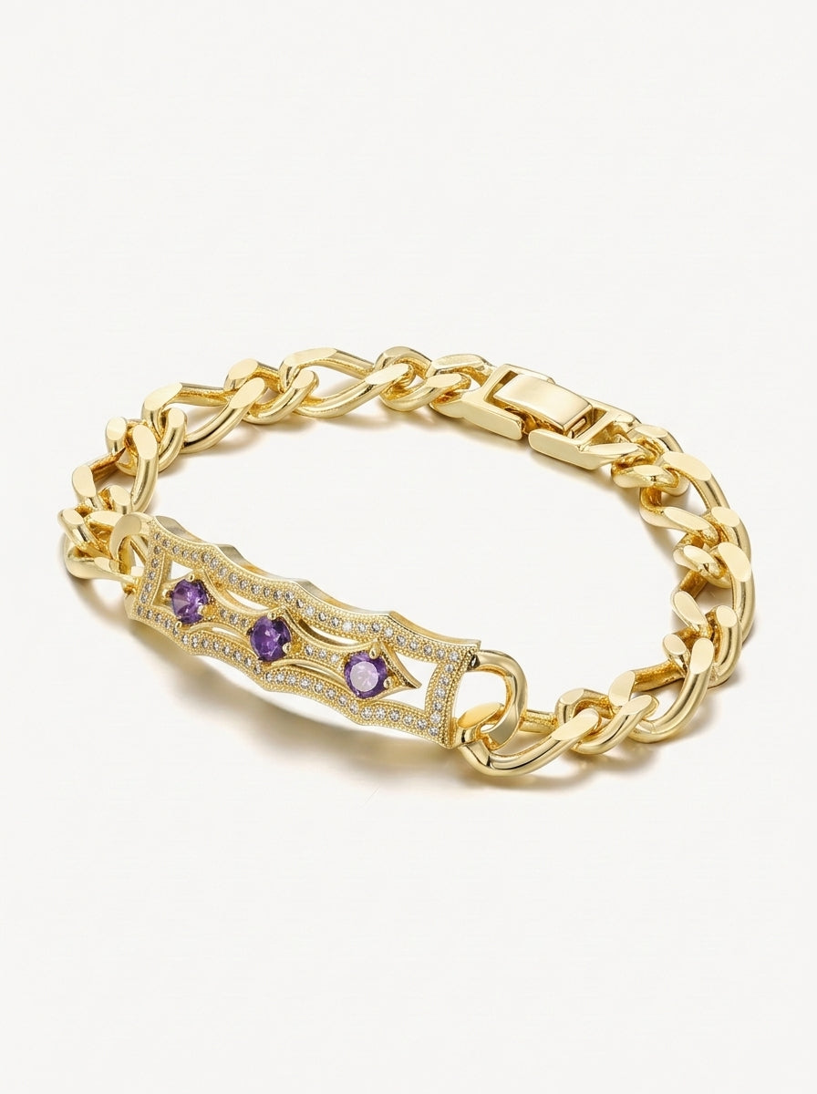 Vintage amethyst cuban bracelet gold front view — solisita