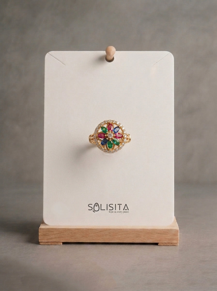 Vintage Multi-Colour Crystal Flower Ring Gold Close-Up Detail — Solisita