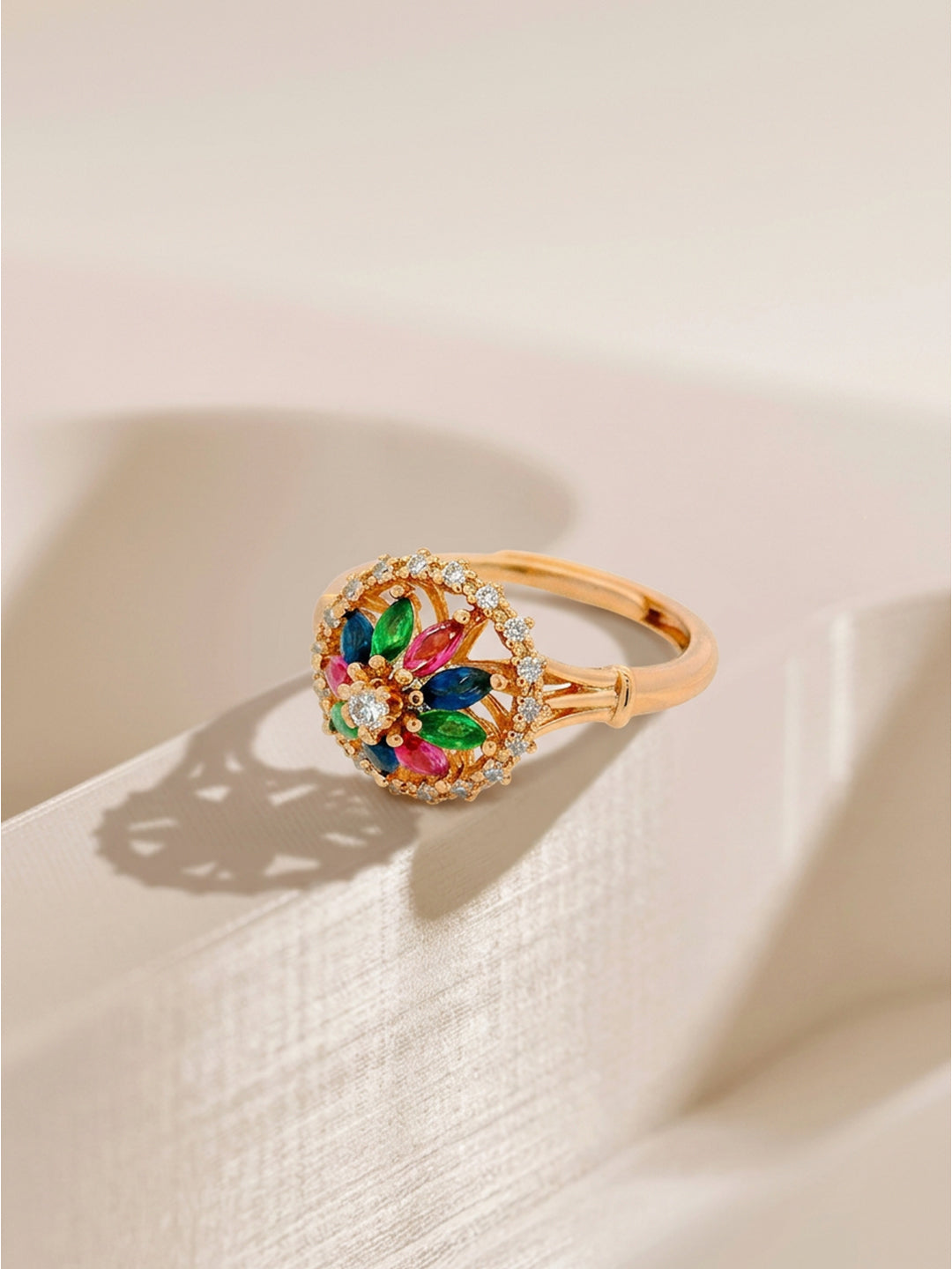 Vintage Multi-Colour Crystal Flower Ring Gold Angle View — Solisita