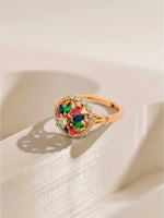 Load image into Gallery viewer, Vintage Multi-Colour Crystal Flower Ring Gold Angle View — Solisita
