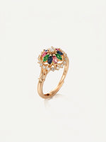 Load image into Gallery viewer, Vintage Multi-Colour Crystal Flower Ring Gold Front View — Solisita
