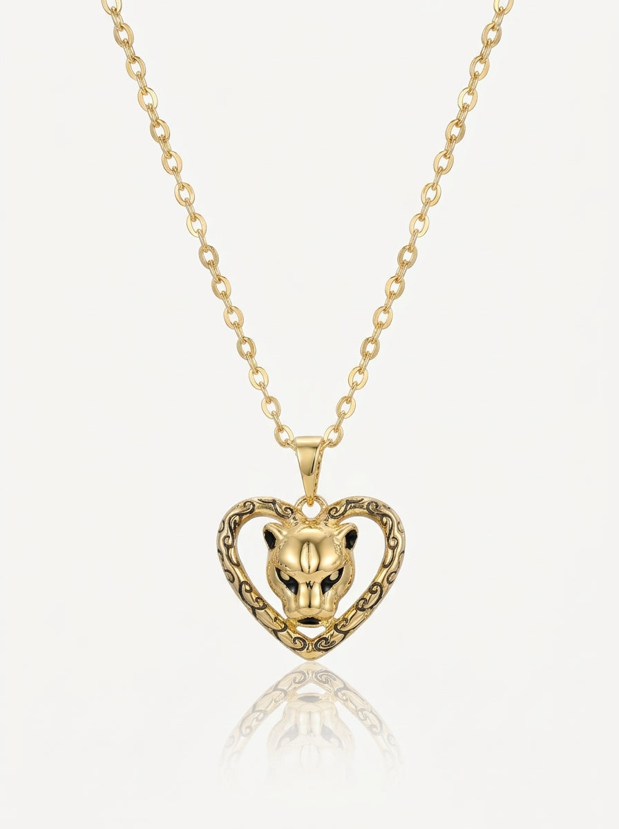 Vintage panther heart pendant gold front view — solisita