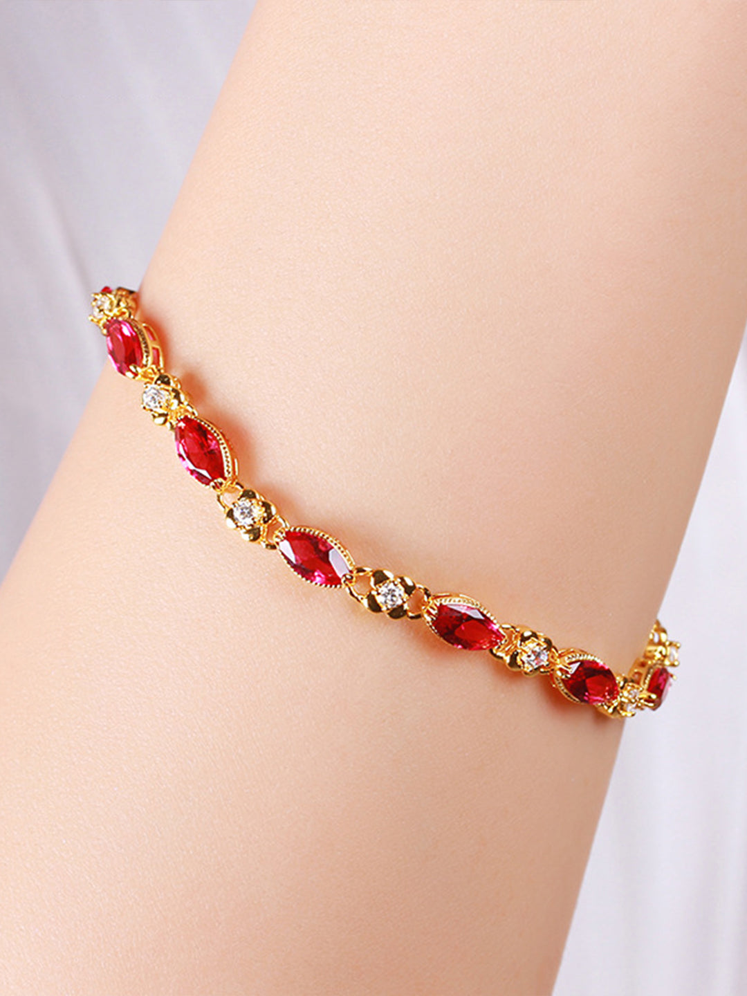 Vintage Ruby Marquise Bracelet Gold On-Wrist Shot — Solisita